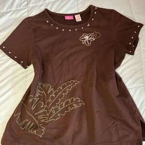 Pappagallo Brown Short-Sleeve Tee with Embroidered Tropical Motif